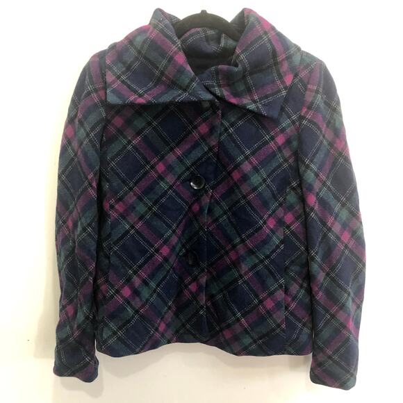 Talbots Wool Pink Green Blue Plaid Peacoat Size 8 - Picture 1 of 9